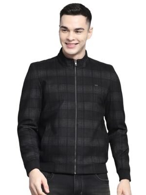 Men Solid Black Mock Neck Full Sleeve Jacket