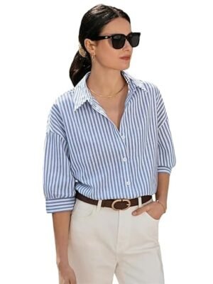 Women Striped Regular Fit Shirt - Stylish and Comfortable Casual Wear | Classic Stripes Design(Sky Blue)