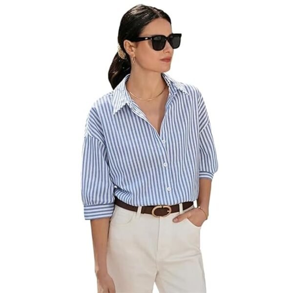 Women Striped Regular Fit Shirt - Stylish and Comfortable Casual Wear | Classic Stripes Design(Sky Blue)