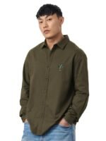 Men and Boys Long Sleeve Spread Collar Button Front Dark Olive Green Embroidered Regular Fit Cotton Linen Shirt
