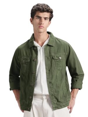 Men's Overdyed Trucker Denim Jacket - Jacket for Men | 100% Cotton | Double Flap Pocket | Regular Fit(Olive)