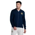 Blue Men's Solid Chest Brand Logo Band Collar Long Sleeves Zip Closure Acrylic Cardigan Sweater