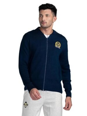 Blue Men's Solid Chest Brand Logo Band Collar Long Sleeves Zip Closure Acrylic Cardigan Sweater