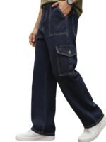 Men's Loose Mid Rise Baggy Fit Cargo Jeans with 6 Pockets Non-Stretchable( Blue)