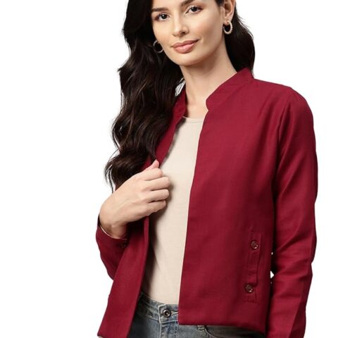 Women Maroon Lightweight Open Front Casual Blazer(Red)