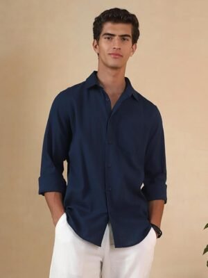 Men's Full Sleeve Casual Shirt - Regular Fit | Shirts for Men | Solid Color | Textured Shirt(Navy)