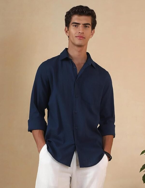 Men's Full Sleeve Casual Shirt - Regular Fit | Shirts for Men | Solid Color | Textured Shirt(Navy)