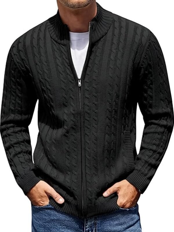 Men's Cotton Full Sleeve High Neck Full Zipper Sweater for Men, Cable Knitted Cardigan for Men(Black)