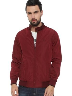 Maroon Men's Polyester Casual Jacket | Regular Fit High Neck | Standard Length