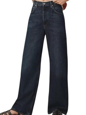 Jeans for Women – Wide Leg High Waist Baggy Denim Pants | Casual Straight Fit Trousers with Utility Pocket Design(Dark Blue)