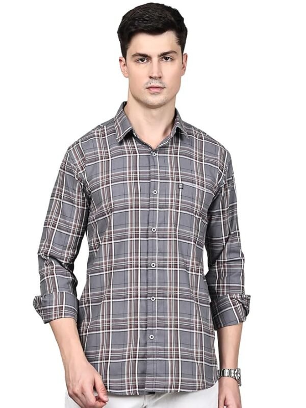Man Stylish Slim Fit Cotton Spread Collar Checked Casual Shirt for Men(Dark Grey)