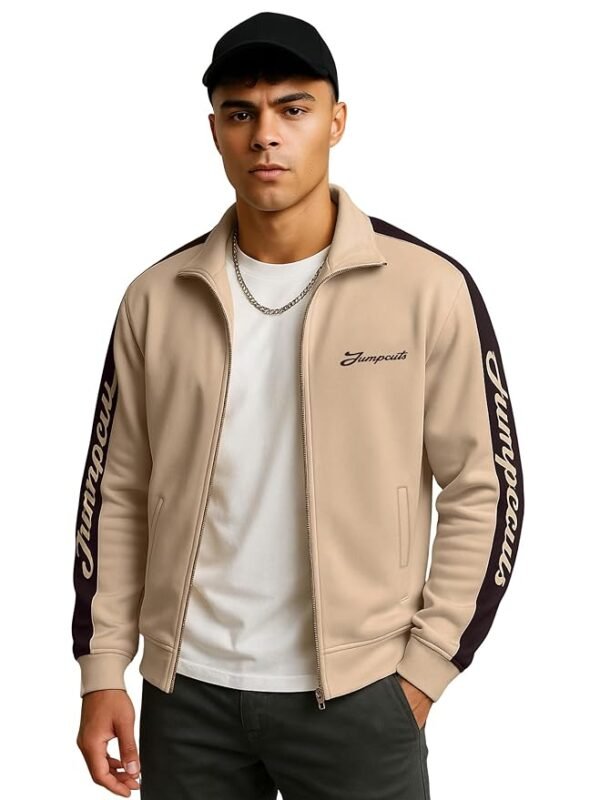 Printed || Sleeve Tape || Polo Neck || Full Sleeve || Fleece Jacket(Beige)