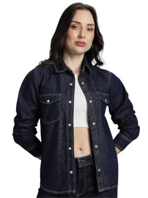 Women's 100% Cotton Jacket - Dual Flap Pocket | Jackets for Women | Full Sleeve with Buttoned Cuffs(Retro Blue)
