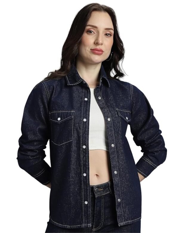 Women's 100% Cotton Jacket - Dual Flap Pocket | Jackets for Women | Full Sleeve with Buttoned Cuffs(Retro Blue)
