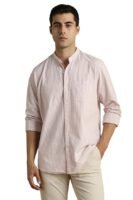 Classic Striped Cotton Mandarin Collar Shirt for Men – Full Sleeves, Business Casual(Peach)