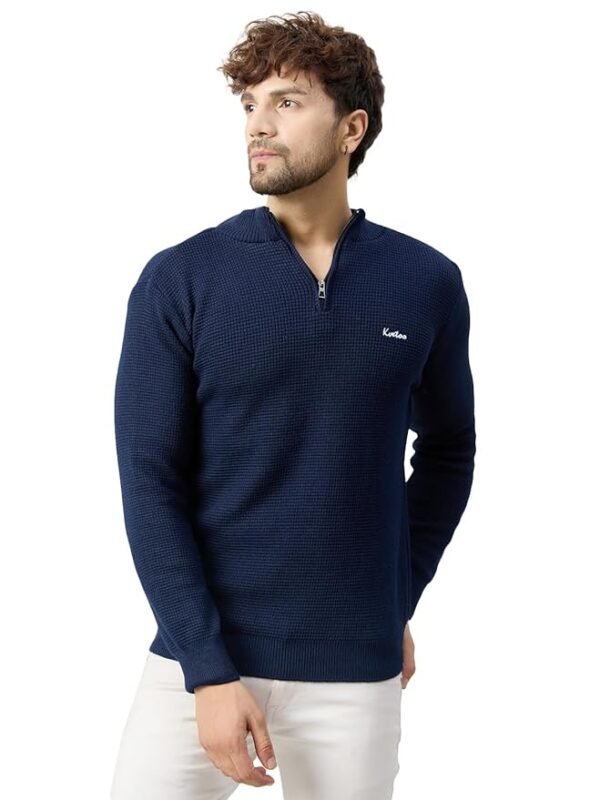 Men High Neck Quarter Zipper Full Sleeve Woolen Winter Waffle Knit Sweater(Navy)