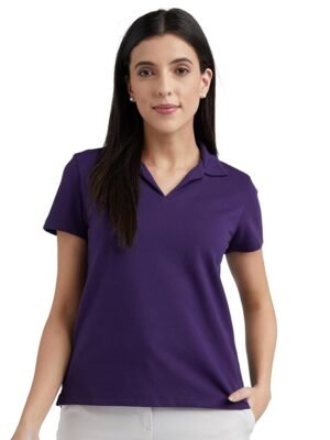 Women's Regular Comfort Fit Cotton Rich V Neck Polo T-Shirts(Purple)