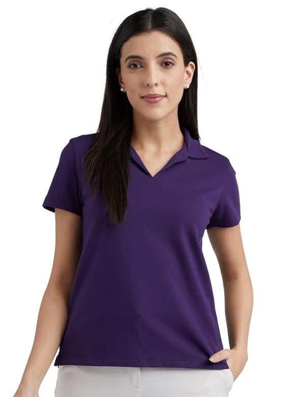 Women's Regular Comfort Fit Cotton Rich V Neck Polo T-Shirts（Purple）