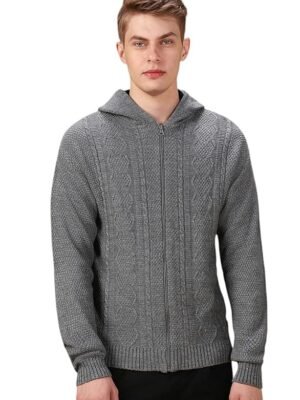 Solid Full Sleeves Hooded Acrylic Regular Fit Men Casual Sweater