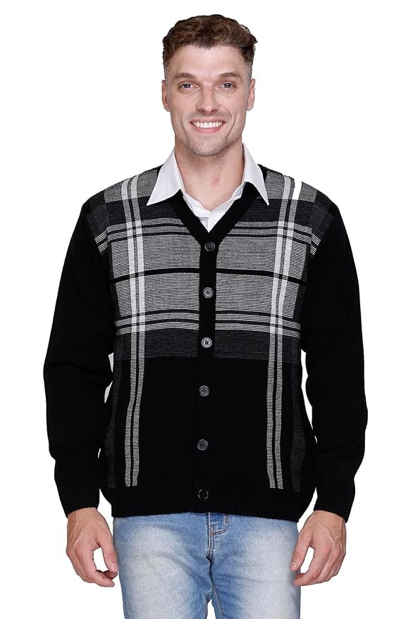 Full Sleeve Front Open Buttoned Woolen Sweater for Men with Pockets