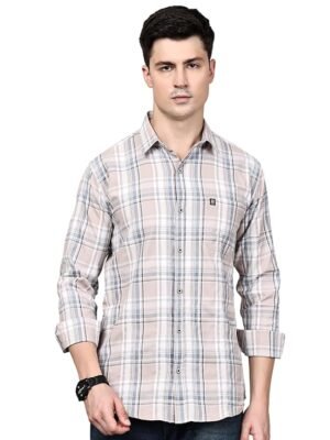 Man Stylish Slim Fit Cotton Spread Collar Checked Casual Shirt for Men(Beige)