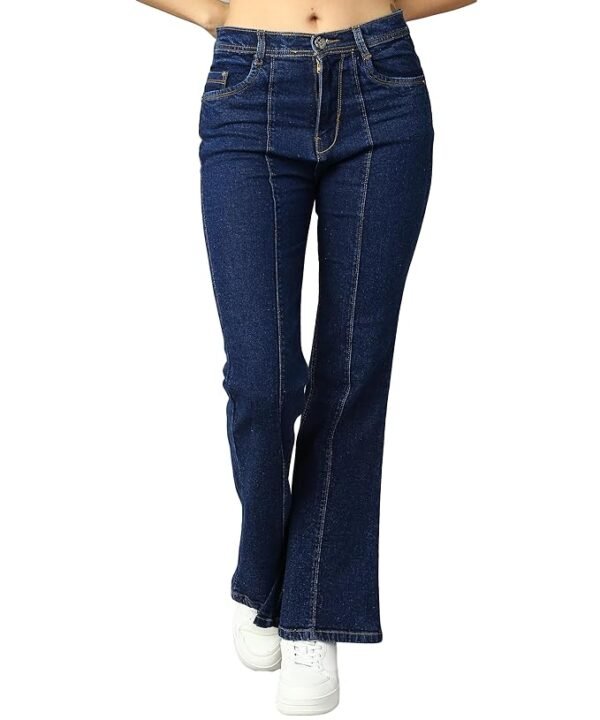 Women Mid Rise Denim Wide Leg Jeans(Blue)