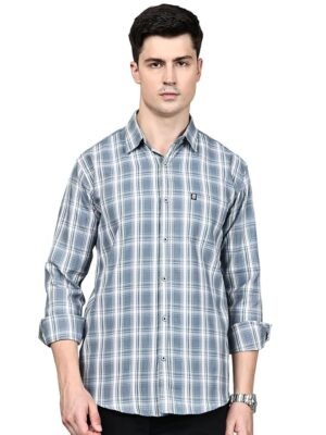 Man Stylish Slim Fit Cotton Spread Collar Checked Casual Shirt for Men(Sea Grey)