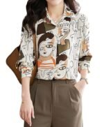 Brown Women Casual Formal Office Wear Oversized Denim Cotton Long Shirt Tops