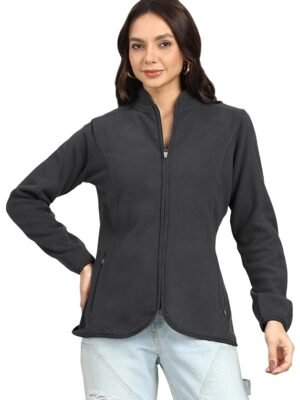 Women's Standing Collar Zipper Fleece Standard Length Jacket(Dark Grey)