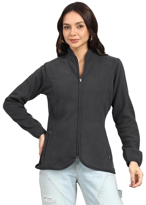 Women's Standing Collar Zipper Fleece Standard Length Jacket(Dark Grey)