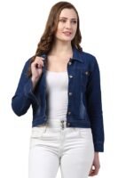 Women Denim Standard Length Full Sleeve Solid Jacket(Dark Blue )