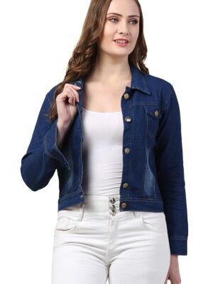 Women Denim Standard Length Full Sleeve Solid Jacket(Dark Blue )