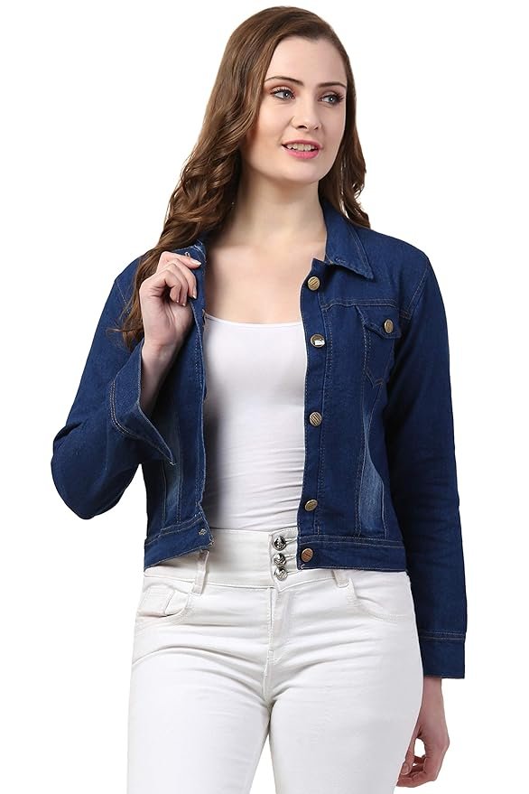 Women Denim Standard Length Full Sleeve Solid Jacket(Dark Blue )