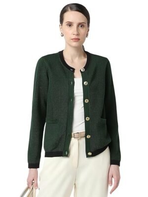 Women's Regular Fit Full Sleeve Button Cardigan(Green)
