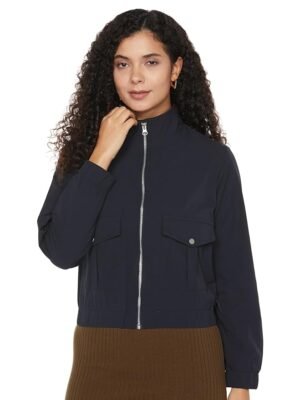 Women's Faux Fur-Lined Puffer Jacket with Detachable Hood - Warm, Stylish (Navy)