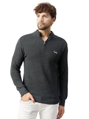 Men High Neck Quarter Zipper Full Sleeve Woolen Winter Waffle Knit Sweater(Grey)