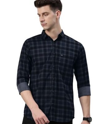 Men Small Checkered Slim Fit Cotton Casual Shirt (Charcoal Grey)