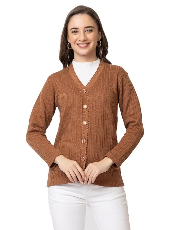 Women's Warm Woolen Cardigan - Stylish Full Sleeve Knitwear(Brown)