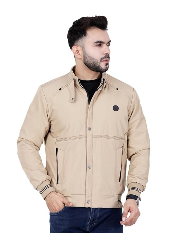 Full Sleeves Bomber Jacket for Men | TPU Men's Standing Collar Lightweight Winter Jacket, Regular Fit(Beige)