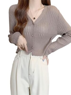 Women's Knitted Ribbed Cardigan Long-Sleeve V-Neck Button-Up Shrug Jacket Top(Brown)