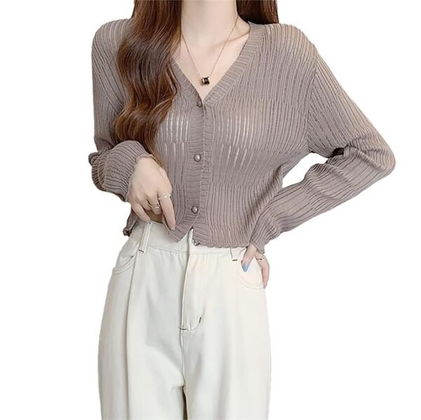 Women's Knitted Ribbed Cardigan Long-Sleeve V-Neck Button-Up Shrug Jacket Top(Brown)