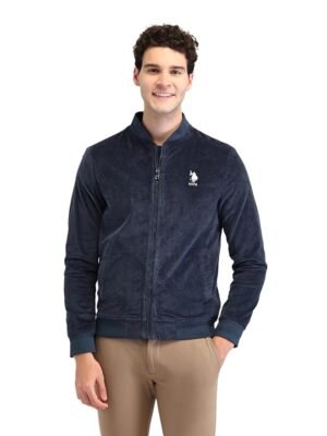 Men's Blue Textured Mock Collar Long Sleeve Casual Polyester Regular Fit Jacket