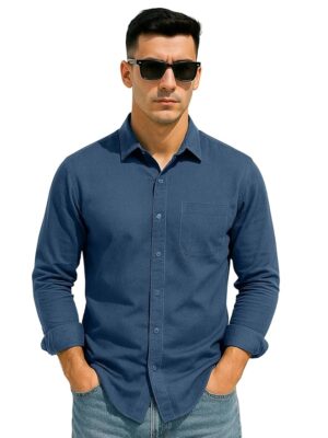 Men’s Pure Cotton Regular Fit Casual Shirt with Full Sleeves & Chest Pocket (Airforce Blue)
