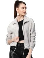 Women Drawstring Faux Fur Jacket(Grey)