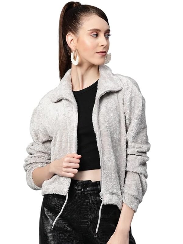 Women Drawstring Faux Fur Jacket(Grey)