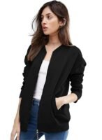 Women's Standard Length Casual Jacket For Loose Fit Drop Shoulder Loop knit  Bomber Jacket With Zipper Closure And Side Pockets( Black)