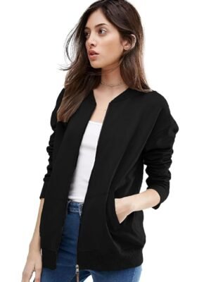 Women's Standard Length Casual Jacket For Loose Fit Drop Shoulder Loop knit Bomber Jacket With Zipper Closure And Side Pockets( Black)
