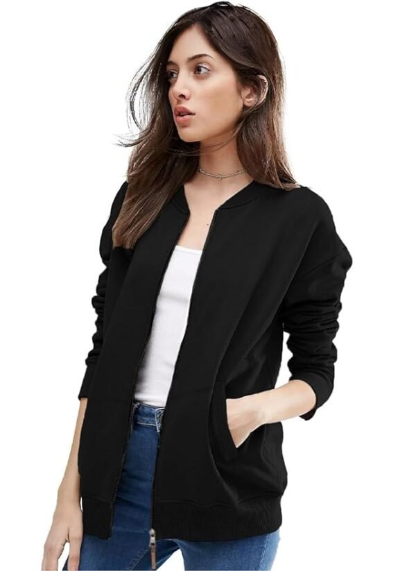 Women's Standard Length Casual Jacket For Loose Fit Drop Shoulder Loop knit  Bomber Jacket With Zipper Closure And Side Pockets( Black)