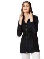 Women's Black Hooded Full Sleeves Solid Tie-Up Detailing Long Denim Jacket(Black)