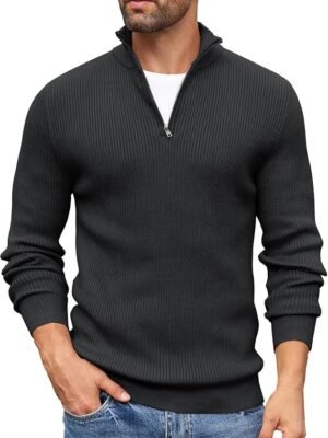 Men High Neck Zipper Full Sleeve Cotton Knitted Winter Sweater for Man(Black)